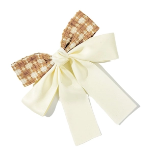 Houndstooth plaid and beige satin layered bow hair clip with long elegant streamers