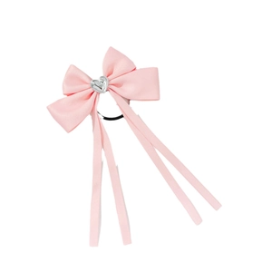 Elegant pink satin bow scrunchie with a metallic heart charm and long flowing ribbons