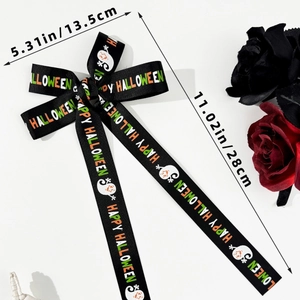 Size measurements for Halloween black bow hair clip with ghost and pumpkin ribbon prints
