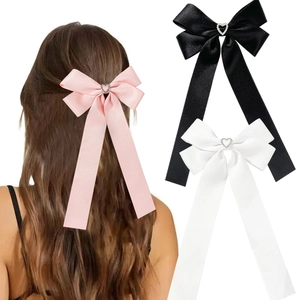 Barrette à Cheveux Nœud en Ruban de Satin Élégant Avec Strass Cœur Long Ruban Mode Douce Pince Bec de Canard Accessoires Femme
