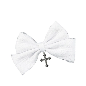 White lace bow hair clip with vintage silver cross pendant in gothic lolita style