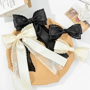 Elegant Satin Bowknot Hair Clip With Lace Edge Long Ribbon Spring Clip For Women Vintage Handmade Hair Accessories