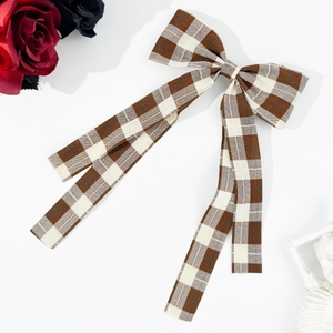 Barrette à cheveux style preppy avec nœud à carreaux marron et crème et longs rubans