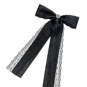 Fiocco per capelli in pizzo nero gotico con strass a cuore e lunghi nastri da donna