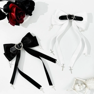 Barrettes à cheveux gothiques punk avec nœud coeur croix en satin noir et blanc et cuir