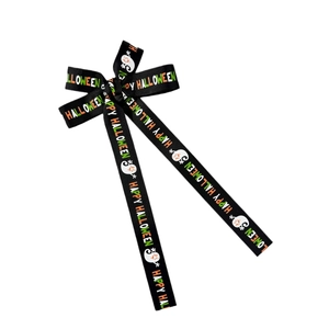 Halloween ribbon bow hair clip with Happy Halloween print and ghost patterns