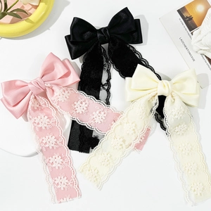 Elegant Lace Bow Streamer Hair Clip For Women Satin Floral Embroidery Spring Clip Sweet Ribbon Hairpin Back Of Head Hair Accessories