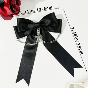 Detailed size view of black gothic bow hair clip with silver cross chain and dimensions