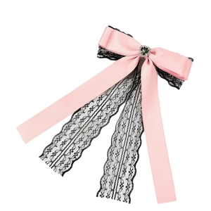 Fermaglio per capelli stile Lolita con nastri di raso rosa, pizzo nero e strass a cuore