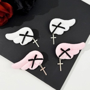 Gothic Angel Wings Bow Hair Clips Alloy Cross Pendant Plush Lolita Alligator Clips Subculture Aesthetic Accessories Women