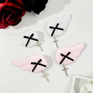Gothic Lolita angel wing hair clips with plush wings and silver cross pendants