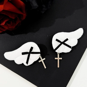 Gothic angel wing hair clips with black ribbons and silver metal cross pendants