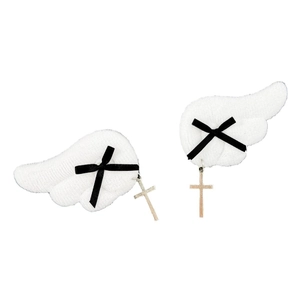Gothic white angel wing hair clips with black cross ribbon and silver cross pendants