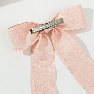 Dettaglio del fiocco in jacquard rosa con clip a coccodrillo argento su sfondo bianco