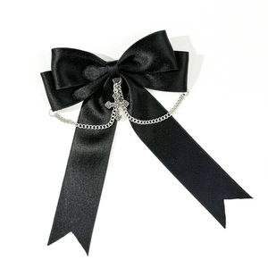 Gothic black satin bow hair clip with silver cross pendant and dual metal chains