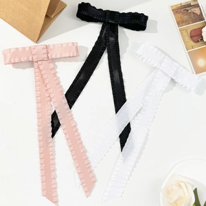 Elegant Ruffle Bow Hair Clip With Long Streamers Satin Ribbon Spring Clip Stylish Sweet Hair Accessory For Women Party Daily Wear