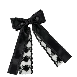 Barrette à cheveux élégante à double nœud en dentelle noire avec de longs rubans brodés