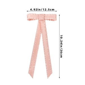 Pink satin hair bow with ruffled edges showing dimensions of 12.5cm width and 26cm length