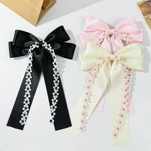 Elegant Satin Ribbon Bow Hair Clip Floral Lace Streamers Sweet French Vintage Style Hair Accessories For Women Daily Party