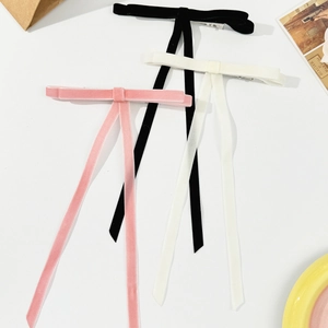 Velvet Bow Hair Clip With Long Streamers Sweet Vintage French Style Duckbill Clip For Women Daily Styling Headwear