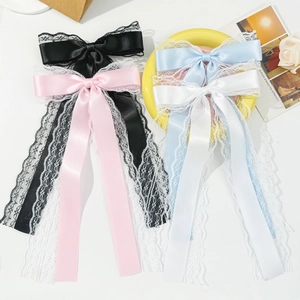 French Style Elegant Lace Satin Patchwork Long Streamer Bow Hair Clips Sweet Duckbill Clip Women Hair Accessories Headwear