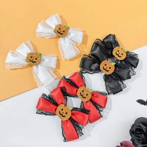 Halloween bow hair clips set with pumpkin charms in black, red and white satin lace
