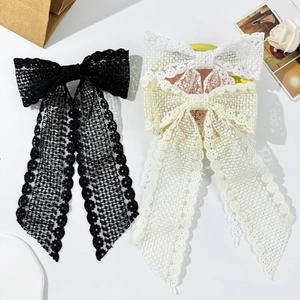 Elegant Lace Bow Hair Clip With Long Ribbons Vintage French Style Large Spring Clip Hairpin For Women Wedding Accessories