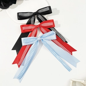 Pince à Cheveux Noeud Vichy Français Ruban de Satin Double Couche Accessoire Cheveux Style Preppy pour Femmes et Filles