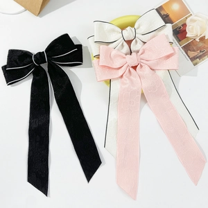 Elegant Jacquard Ribbon Bow Hair Clip With Long Streamers French Vintage Double Layer Bowknot Duckbill Clip For Women