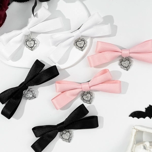 6-piece bow hair clips set with heart cross charms in black, pink, and white satin
