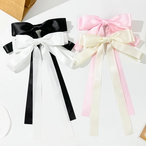 Elegant Large Satin Bow Hair Clip With Long Streamers Vintage French Style Ribbon Spring Clip Hair Accessory For Women