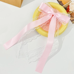 Pink satin bow hair clip with white lace trim for sweet and elegant women hair accessories