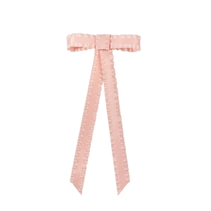 Elegant light pink ruffle ribbon bow hair clip with long streamers and spring fastener