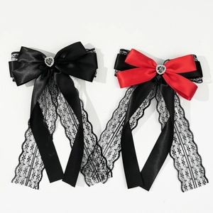 Barrette Cheveux Nœud en Dentelle Satin Gothique Avec Cœur Strass Ruban Long Lolita Accessoires Cheveux Pour Femme