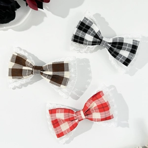 French Retro Gingham Fabric Bow Hair Clip With Lace Trim Duckbill Clip For Women Daily Elegant Sweet Hair Accessories