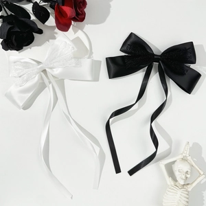 Elegant Gothic Satin Bow Hair Clip With Lace Trim Long Streamers Lolita Ribbon Hairpin Women Daily Party Hair Accessory