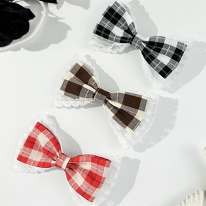 French vintage houndstooth bow hair clips with white lace edge trim in three colors