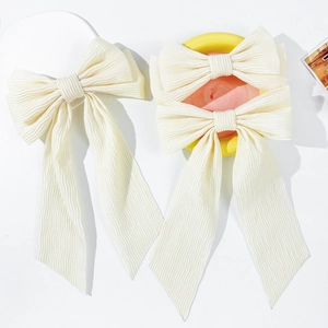 French Elegant Creamy White Bow Hair Clip For Women Fairy Pleated Fabric Bowknot Streamer Hair Accessories Spring Top Clip