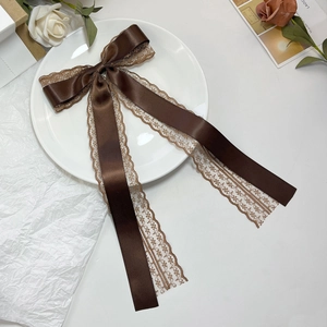 Detail of elegant brown satin and floral lace ribbon bow hair clip on a white plate