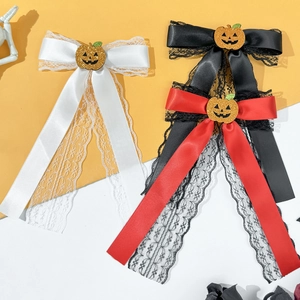 Halloween lace bow hair clips with glitter pumpkin center in black, white and red colors