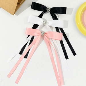 Sweet Balletcore Satin Bowknot Hair Clip Elegant Heart Rhinestone Long Ribbon Streamer Ponytail Hairpin Women Hair Accessory