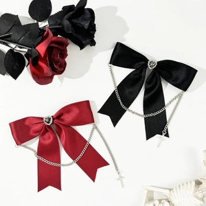 Gothic Satin Bow Hair Clip Silver Metal Chain Heart Cross Pendant Punk Ribbon Hairpin Lolita Vintage Women Hair Ornament