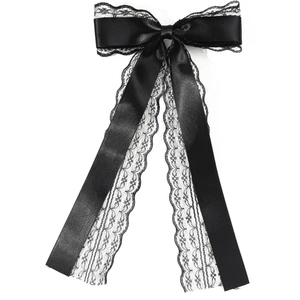 Elegant black satin bow hair clip with intricate lace edges and long flowing ribbons