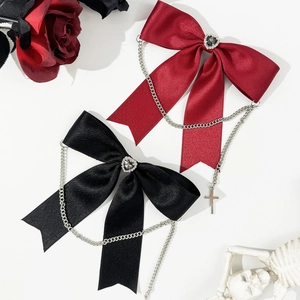 Gothic punk bow hair clip with heart gem, metal chain and cross pendant in black and red