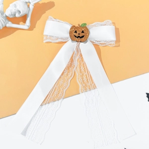 Halloween white lace bow hair clip with gold glitter pumpkin and long elegant streamers
