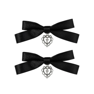 Gothic black satin bow hair clips with silver hollow heart and cross pendants
