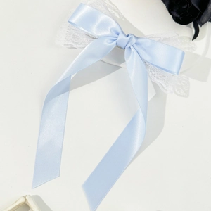 Détail du nœud papillon en dentelle bleu clair avec de longs rubans élégants