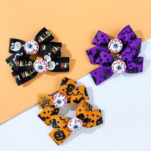 Halloween bow hair clips set with pumpkin, bat patterns and central 3D eyeball decor