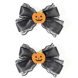 Halloween black lace bow hair clips with glittery orange pumpkin charms for women