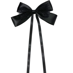 Elegant black satin and lace double bow hair clip with long ribbons on white background